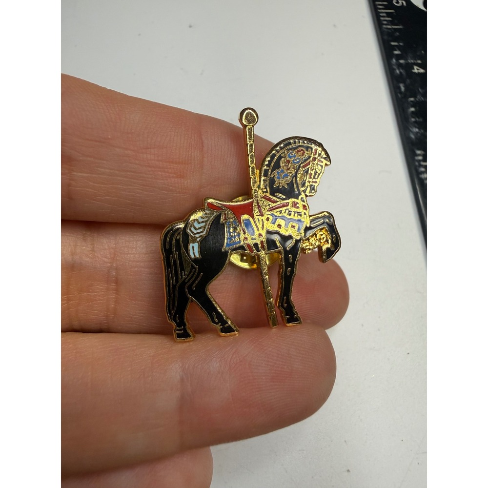 Vintage Carousel Horse Enamel Pin Gold Tone Black Red Blue Carnival Lapel Pin